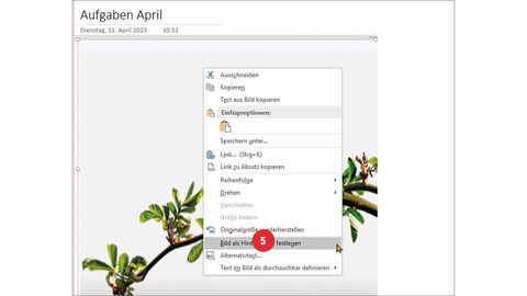 Screenshot eines selbstgewählten Bildes mit ausgeklapptem Kontextmenü, in dem der Punkt „Bild als Hintergrund festlegen“ markiert und mit der Ziffer 5 versehen ist.