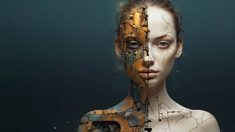 Maschinen oder kreative Köpfe – HZD-Thema „Künstliche Intelligenz“ Mit KI erzeugtes Bild in Ölmalerei-Optik, auf dem Kopf und Schultern einer weiblichen Figur zu sehen ist, die zur einen Hälfte Cyborg und zur anderen Hälfte Mensch ist