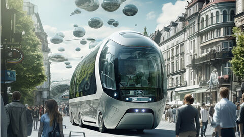 Jetztzeit trifft Zukunft – HZD-Thema „Künstliche Intelligenz“ Mit KI erzeugtes Bild in Ölmalerei-Optik, auf dem eine Innenstadt im Gründerzeit-Stil mit Fußgängern und futuristischen Transportmitteln auf der Straße und in der Luft zu sehen sind