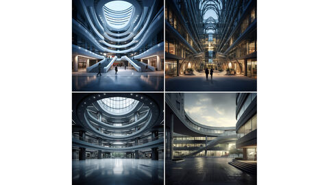 Der Suchbegriff „Enterprise Architekturmanagement“ diente als Stichwort für die Bild-KI, um die Illustrationen für diesen Artikel zu erzeugen. Vierer-Kombination von Bildern, die von der KI zum Suchbegriff „Enterprise Architekturmanagement“ erzeugt wurden