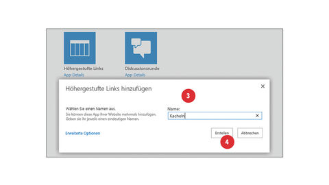 Tipp der HZD IT-Fortbildung – Höhergestufte Links erstellen Screenshot von der Funktion "Höhergestuften Links hinzufügen" (3), bei man den Namen Kacheln auswählen und mit dem Button "Erstellen" (4) bestätigen muss.