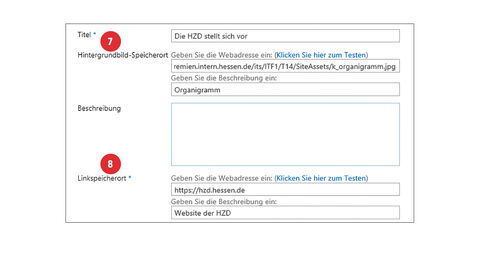 Tipp der HZD IT-Fortbildung – Links eintragen Screenshot vom Eingabefenster "Neues Element hinzufügen": Das Feld „Hintergrundbild-Speicherort“ ist mit der Ziffer 7 markiert und das Feld „Linkspeicherort“ mit der Ziffer 8.