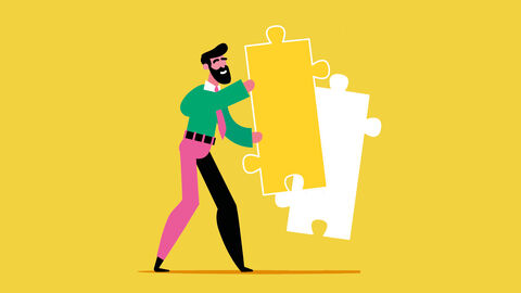 Die Zukunft der Aktenführung: digitalisierte Vorgänge mit dem Dokumentenmanagement-System DMS 4.0 der HZD Illustration mit stilisiertem Mann, der zwei übergroße Puzzlesteine in der Hand hält