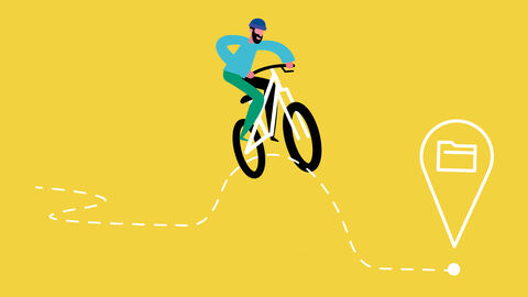 Die Zukunft der Aktenführung: digitalisierte Vorgänge mit dem Dokumentenmanagement-System DMS 4.0 der HZD Illustration von einem Mountainbiker, der sich mit einem beherzten Sprung einem stilisierten Aktenordner nähert