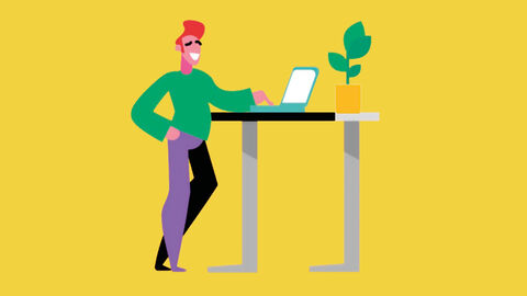Die Zukunft der Aktenführung: digitalisierte Vorgänge mit dem Dokumentenmanagement-System DMS 4.0 der HZD Illustration von einem Mann, der entspannt an einem Stehpult mit Laptop lehnt