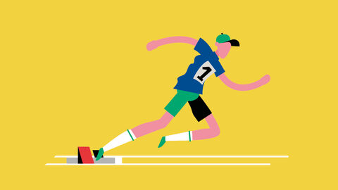 Illustration mit stilisiertem Mann in Sportkleidung, der vom Startblock einer Aschenbahn lossprintet 