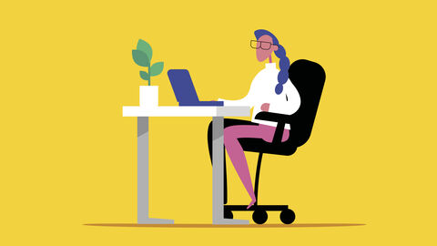 Illustration mit stilisierter Frau, die am Schreibtisch sitzt und am Laptop arbeitet