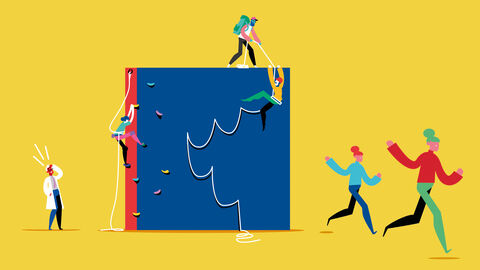 Illustration mit stilisierten Menschen, von denen drei mit Kletterausrüstung ein übergroßes Buch erklimmen 