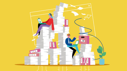 Die Zukunft der Aktenführung: digitalisierte Vorgänge mit dem Dokumentenmanagement-System DMS 4.0 der HZD Illustration mit zwei Personen, die mit einem Laptop auf dem Schoß auf turmhohen Aktenstapeln sitzen