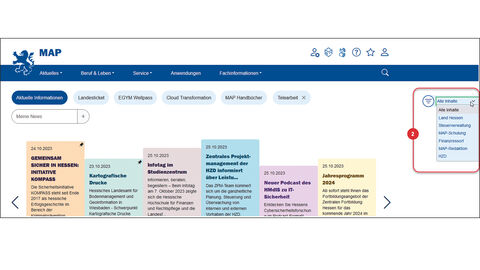 Die Quellenauswahl ermöglicht es, die Startseite zu filtern. Screenshot von der Startseite des MAP, bei dem die Inhaltsbox rechts oben unter dem Menü rot eingerahmt und mit der Ziffer 2 versehen ist.