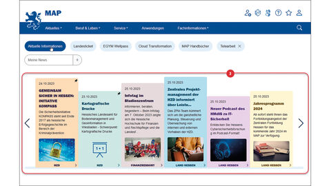 Auf der Newsbühne werden Inhalte angezeigt, die mit der Wortwolke verknüpft sind. Screenshot von der Startseite des MAP, bei dem die Newsbühne rot eingerahmt und mit der Ziffer 3 versehen ist.