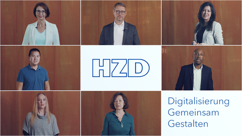 Titelfoto Imagefilm mit Fotocollage von HZD-Mitarbeiterinnen und -Mitarbeitern