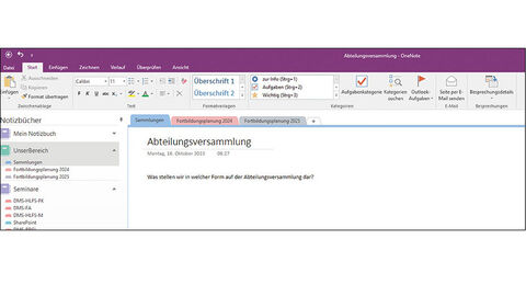 Screenshot von OneNote: Startseite mit Menüstruktur und persönlichen Notizbüchern in der Übersicht