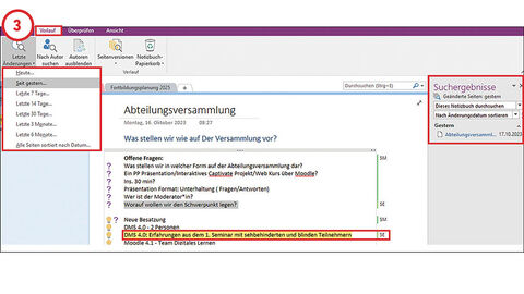 Screenshot von OneNote: Oben rechts im Reiter ist der Button "Letzte Änderungen" ausgewählt, der verschiedene Zeitpunkte zur Auswahl stellt und rot umrandet ist. Am rechten Bildrand sind außerdem die Optionen für die erweiterte Suche rot umrandet.