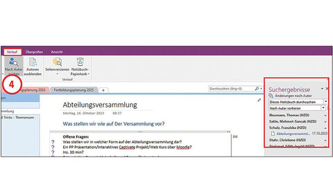 Screenshot von OneNote: Oben links ist der Reiter "Verlauf" sowie die Option "Nach Autor suchen" ausgewählt, rot umrandet und mit der Ziffer 4 markiert. Am rechten Bildrand sind die Optionen der erweiterten Suche rot umrandet.