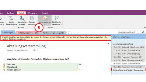 Screenshot von OneNote: Im Reiter "Verlauf" ist die Option "Seitenversionen" ausgewählt und mit der Ziffer 5 versehen. Rechts davon wird eine Liste mit älteren Dokumentversionen jeweils mit Datum angezeigt.