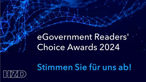 Nominiert für den eGovernment Reader's Choice Award 2024: die HZD dunkler Hintergrund mit Netzartiger Struktur und dem Aufruf, dass Stimmen für die HZD beim eGovernment-Award abgegeben werden sollen