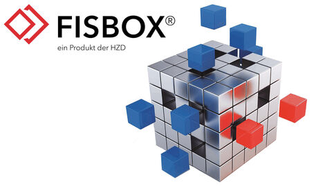 Flagship-Produkt der HZD: das Fachinformationssystem FISBOX® Logo der FISBOX, das sich aus einem silbernen Würfel mit farbig hervorgehobenen Einzelmodulen in Rot und Blau sowie einem Schriftzug mit dem Produktnamen zusammensetzt