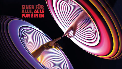 Illustration im Science-Fiction-Stil mit zwei Händen, die aus im dunklen Weltall schwebenden Trichtern ragen und sich mit den Zeigefingern berühren