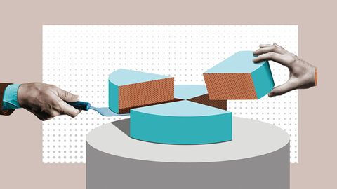 Illustration mit Kuchen auf einem Tisch sowie zwei vom linken und rechten Bildrand aus zugreifenden Händen, die sich ein Stück davon nehmen