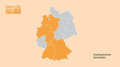 Stilisierte Deutschlandkarte, darauf farbig markiert die fünf bei der Entwicklung von KONSENS kooperierenden Bundesländer 