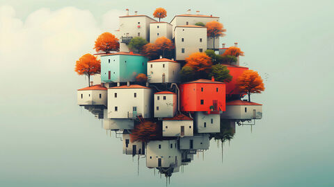 Kooperationsprojekt der HZD in Sachen Wohngeld: das Verfahren eWoG Illustration mit verschiedenfarbigen Häusern, die rautenförmig gestapelt sind und frei im Himmel schweben