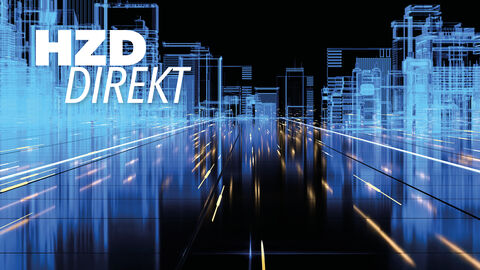 Header-Bild des Newsletters HZD|DIREKT mit weißem Schriftzug auf einem Hintergrund in dunklen Blautönen mit gelben Lichtreflexen, der ein stilisiertes Hochhausviertel im Nachtmodus zeigt