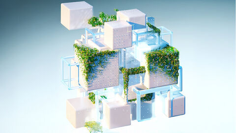 Illustration mit gestapelten und von Grünpflanzen umrankten Würfeln, die das Baukastensystem der FISBOX® verbildlichen