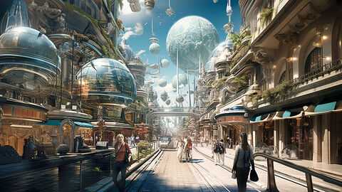 KI-generiertes Bild, das eine Einkaufsstraße in einem Zukunftsszenario zeigt