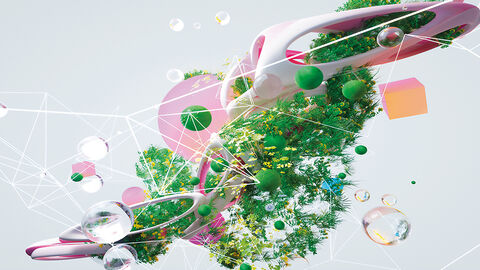 KI-generierte Bildkomposition mit grünen Wiesenkräutern und rosafarbenen Artefakten, die die Bandbreite der verschiedenen Ansätze der Softwareentwicklung symbolisieren