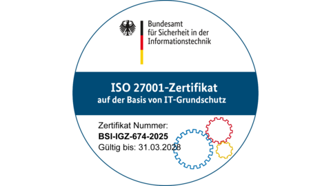 Nach ISO 27001 vom BSI zertifiziert: der von der HZD bereitgestellte hessische Teilnehmeranschluss an das Verbindungsnetz  Signet des IT-Grundschutz-Zertifikats BSI-IGZ-0674-2025, das vom Bundesamt für Sicherheit in der Informationstechnik an die HZD vergeben wurde