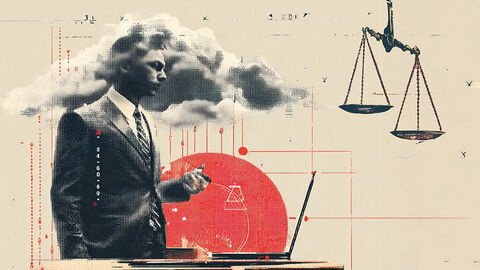 Mehr Effizienz im Arbeitsalltag: die Cloud-Services der HZD für die Justiz Gelayertes Bild mit Mann im Anzug und einer Wolke hinter dem Kopf, Schreibtisch mit Laptop und grafischen Elementen, die Gegebenheiten der Justizwelt symbolisieren