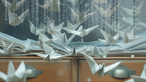 KI-generiertes Bild mit als Origami-Kraniche gefalteten Aktenseiten, die über einem alten Holzschreibtisch fliegen