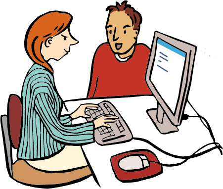 Assistentin-Computer Eine Frau am Computer schreibt, was ein Mann ihr sagt.